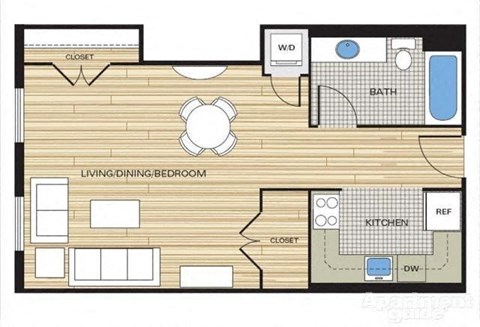 Efficiency 507sf Floor Plan at Clayborne Apartments, Alexandria, VA